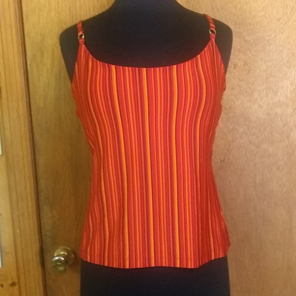 New York & Company Camisole in Orange, Red, Yellow Stripes Size L